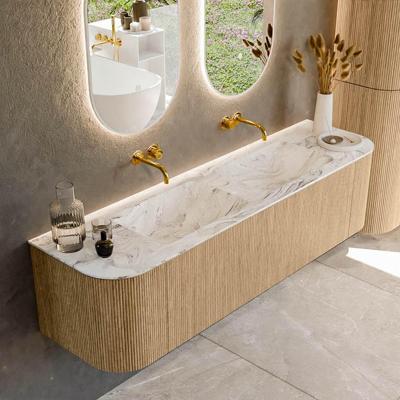 Mondiaz KURVE-DLUX 170 cm Onderkast Greeploos 1 Lade Met Deuren Oak, Wastafel Solid Surface Dubbel Glace 0 Kraangaten Zonder Spiegel (KRVLEA170L+R1L2D0KD-Oak/Gla)