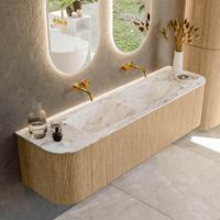 Mondiaz KURVE-DLUX 170 cm Onderkast Greeploos 1 Lade Met Deuren Oak, Wastafel Solid Surface Dubbel Glace 0 Kraangaten Zonder Spiegel (KRVLEA170L+R1L2D0KD-Oak/Gla) - thumbnail