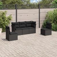 5-delige Loungeset met kussens poly rattan zwart - thumbnail