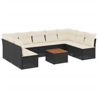10-delige Loungeset met kussens poly rattan zwart - thumbnail