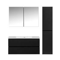 Badkamermeubel Set Callisto Diamond Hangend 100x50x48cm Mat Zwart MDF Softclose Greeploos Mineraalmarmer Wastafel 1 Kraangat Overloop met Spiegelkast en Badkamerkast - thumbnail