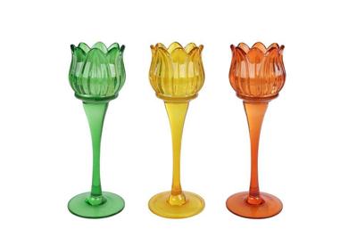 Theelichth Tulip L geel/groen/oranje 3 assorti glas