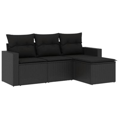 4-delige Loungeset met kussens poly rattan zwart