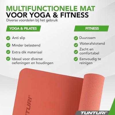 Tunturi Yogamat 8mm | Pilates mat | Fitnessmat | 183 x 61 x 0,8 cm | Incl Draagtas | Anti Slip en Eco | Rosé Goud
