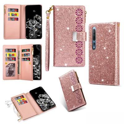 Voor Xiaomi Mi 10 5G / Mi 10 Pro 5G Multi-card Slots Starry Sky Laser Carving Glitter Zipper Horizontale Flip Lederen Case met Holder & Wallet & Lanya