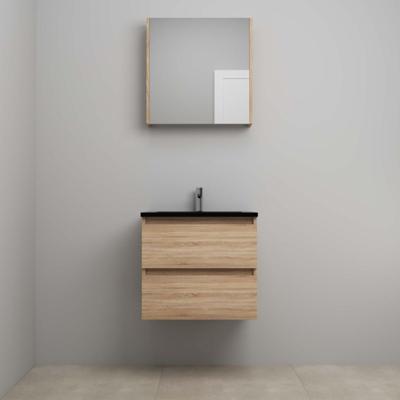 On-Line Badkamermeubelset - 60 cm - Voorgemonteerd - Ladestructuur - Acryl Wastafel - 1 Kraangat - Spiegelkast - Eiken