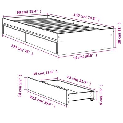 Bedframe met lades bewerkt hout sonoma eikenkleurig 90x190 cm