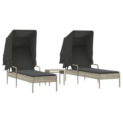 Ligbedden 2 st met luifels en tafel poly rattan lichtgrijs - thumbnail