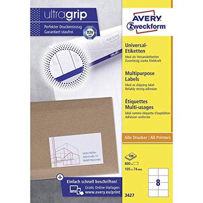 Avery Zweckform 3427, Universele etiketten, Ultragrip, wit, 100 vel, 8 per vel, 105 x 74 mm Avery Zweckform 3427, Universele etiketten, Ultragrip, wit, 100 vel, 8 per vel, 105 x 74 mm