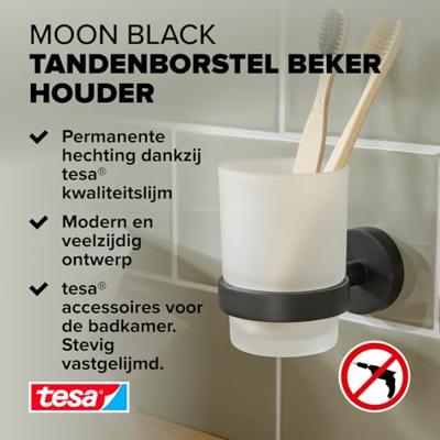 tesa 40566-00000-00 MOON BLACK Tandenborstelbeker Lijm Zwart (mat), Glas gesatineerd