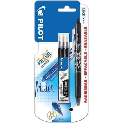 Pilot gelroller Frixion Ball Clicker, blister van 4 stuks (1 gelroller + 3 vullingen), zwart Pilot gelroller Frixion Ball Clicker, blister van 4 stuks (1 gelroller + 3 vullingen), zwart