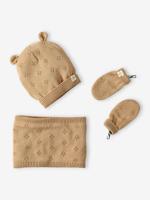 Set met muts met oortjes + snood + wanten in opengewerkt breiwerk voor babymeisjes gemêleerd beige - thumbnail