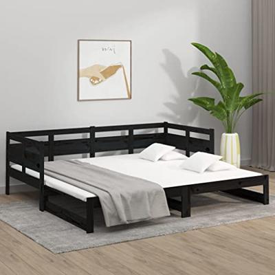 Slaapbank uitschuifbaar massief grenenhout zwart 2x(90x190) cm - thumbnail