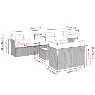 8-delige Loungeset met kussens poly rattan zwart