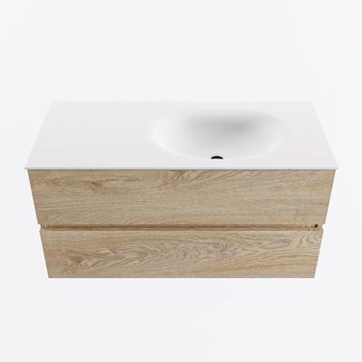 MONDIAZ VICA 100cm badmeubel onderkast Washed Oak 2 lades. Wastafel MOON rechts zonder kraangat, kleur Talc.