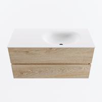 MONDIAZ VICA 100cm badmeubel onderkast Washed Oak 2 lades. Wastafel MOON rechts zonder kraangat, kleur Talc. - thumbnail