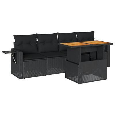 5-delige Loungeset met kussens poly rattan zwart