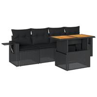 5-delige Loungeset met kussens poly rattan zwart - thumbnail