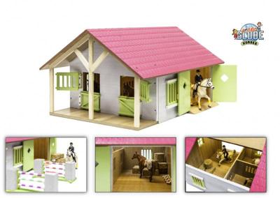 Kids Globe Paardenstal roze met 2 boxen en berging, 1:24 Kids Globe Paardenstal roze met 2 boxen en berging, 1:24