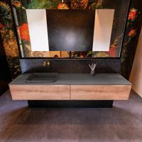 Badkamermeubelset Mondiaz Erin 200 cm met 2 Lades met RIDGE Wastafel Links Dark grey Zonder Kraangaten Greeploos Mat Washed Oak - thumbnail