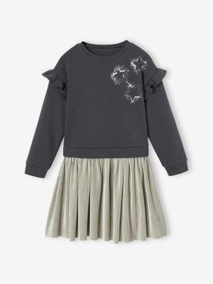 Meisjesfeestjurk van twee materialen met sterren van lovertjes antraciet