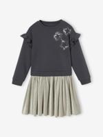 Meisjesfeestjurk van twee materialen met sterren van lovertjes antraciet - thumbnail