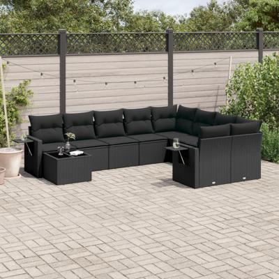 10-delige Loungeset met kussens poly rattan zwart