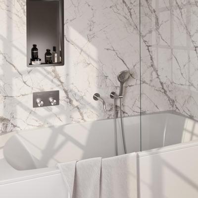 Brauer Brushed Carving Thermostatische Inbouw Badkraan Drukknoppen - Uitloop - 3 stand - Doucheslang - Wandaansluitbocht - Handdouche - Rvs Geborsteld Pvd