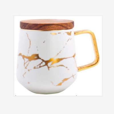 Marmer matte Gold serie keramische Thee beker koffiemok met houten deksel of lade (wit met deksel)