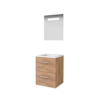 Basic-Line Economic 46 Badkamermeubelset - 50 x 46 cm - Met Grepen - 2 Lades - Acryl Wastafel - Zonder Kraangat - Spiegel met LED Verlichting - Whisky Oak