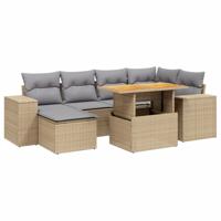 7-delige Loungeset met kussens poly rattan beige - thumbnail