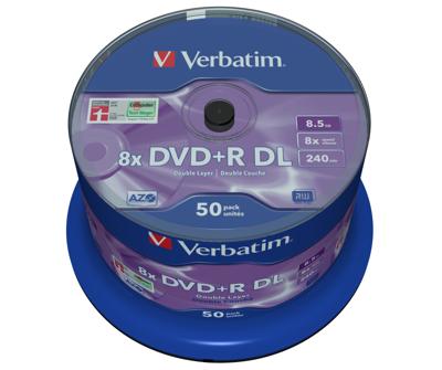 Verbatim DVD+R DL 8,5GB 8X Spindel. 50 Stuk Mat zilver.