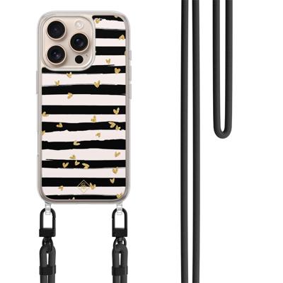 iPhone 16 Pro Max hoesje met zwart koord - Hart streepjes iPhone 16 Pro Max hoesje met zwart koord - Hart streepjes