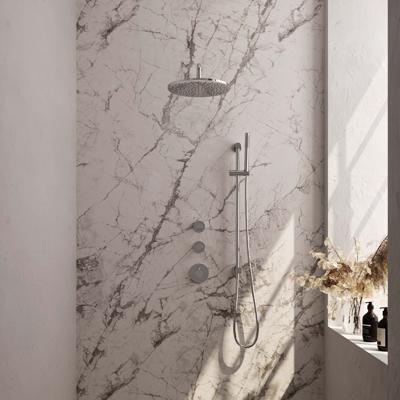 Chrome Edition thermostatische inbouw regendouche SET 16 - 30 cm douchekop, gebogen muurarm, staaf handdouche, doucheslang & geïntegreerde glijstang chroom