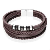 Mendes Jewelry Roestvrijstalen en Echt Lederen Heren Armband in Bruin-21cm - thumbnail