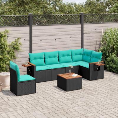 7-delige Loungeset met kussens poly rattan zwart