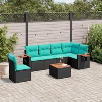 7-delige Loungeset met kussens poly rattan zwart - thumbnail