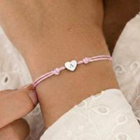 Gepersonaliseerde koord armband - Roze - Zilver hartje - thumbnail