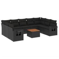 10-delige Loungeset met kussens poly rattan zwart - thumbnail