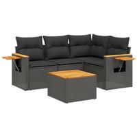 5-delige Loungeset met kussens poly rattan zwart - thumbnail