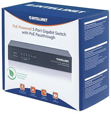 INTELLINET 561082 5-poorts Switch Power over Ethernet - Gigabit PoE+ injector 240 V, passsthrough, PoE+ adapter met 200 m bereik, ventilatorvrij en stil - zwart