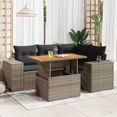 5-delige Loungeset met kussens poly rattan grijs