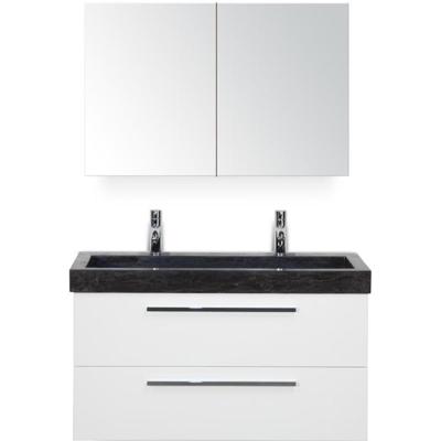 Seville Badmeubelset 100 cm - Wit Hoogglans - Wastafel Hardsteen Wit Lucca 2 Kraangaten met Spiegelkast