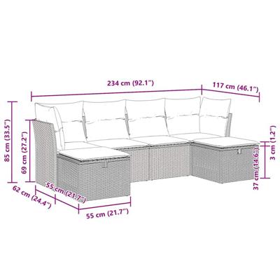 6-delige Loungeset met kussens poly rattan beige
