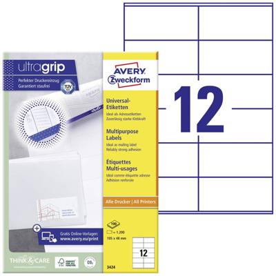 Avery Zweckform 3424, Universele etiketten, Ultragrip, wit, 100 vel, 12 per vel, 105 x 48 mm