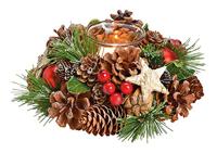 Windlicht kerstkrans, 1 windlicht van glas, hout, kunststof groen/bruin/rood (B/H/D) 17x10x17 cm - thumbnail