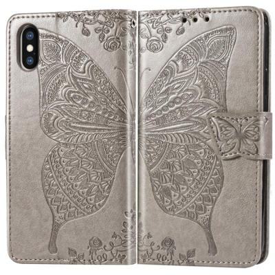 Butterfly Love bloemen reliëf horizontale Flip lederen case voor iPhone X met houder & kaartsleuven & portemonnee & Lanyard (grijs)