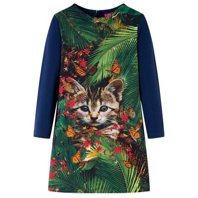 Kinderjurk met lange mouwen kattenprint 104 marineblauw
