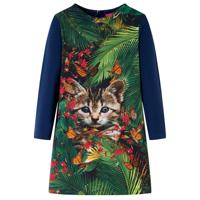 Kinderjurk met lange mouwen kattenprint 104 marineblauw - thumbnail