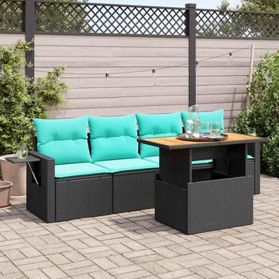 5-delige Loungeset met kussens poly rattan zwart